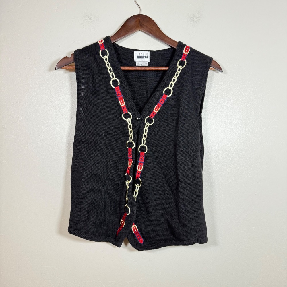 Leslie Fay Vintage Chain Print Knit Sweater Vest Size Medium Black